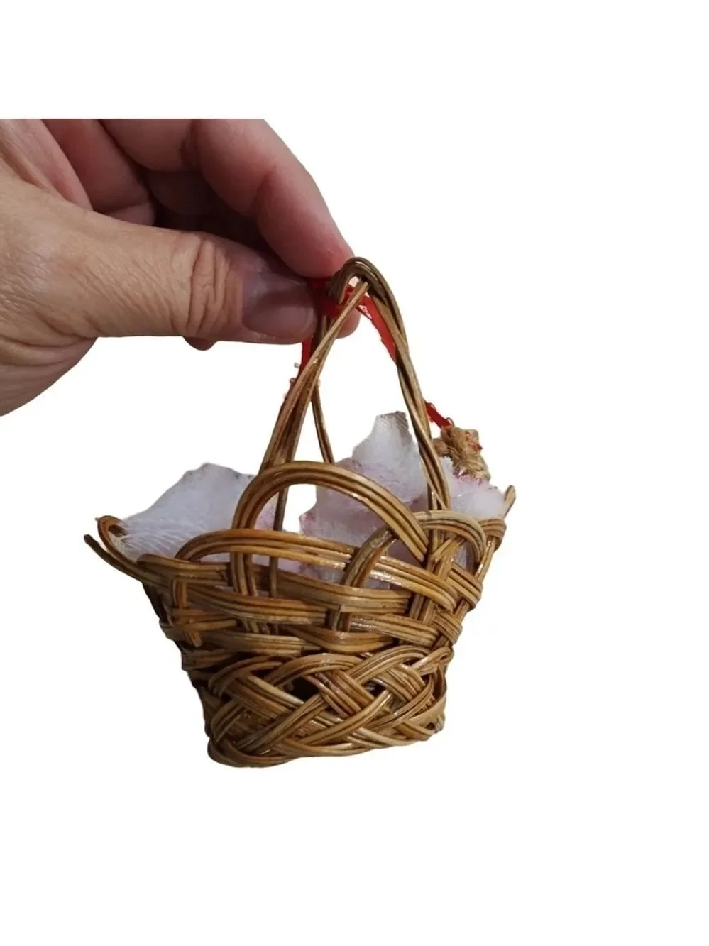 Vintage handmade wood bead spindal baby in a basket ornament  1st Christmas